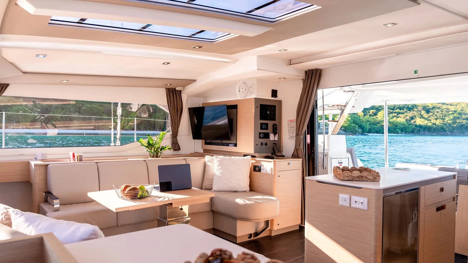 Premium lounge interior onboard the Aura 51 catamaran Riviera yatch experience
